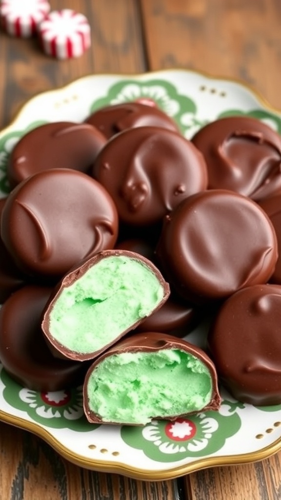 Classic Peppermint Patties Recipe Homemade peppermint patties on a decorative plate, showcasing chocolate coating and mint filling.